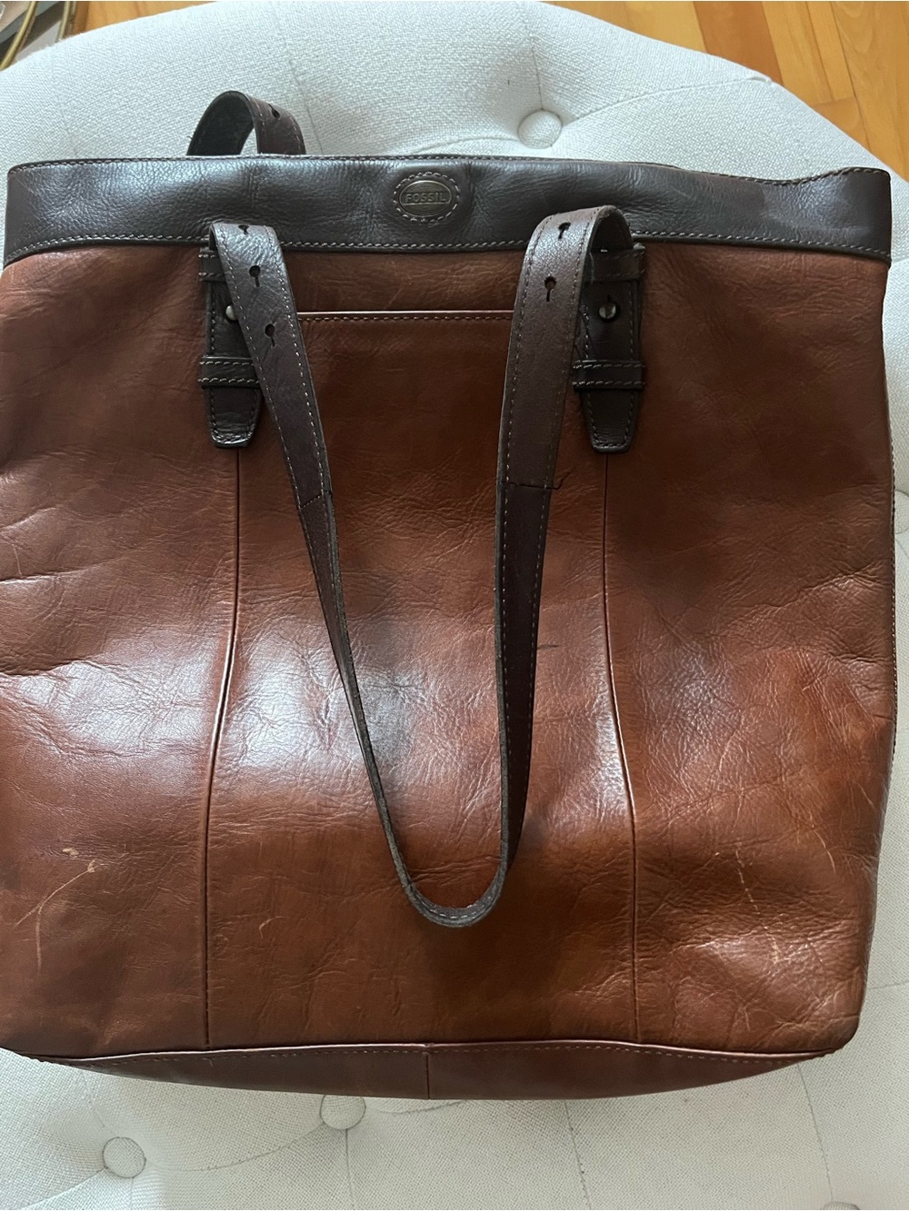 Fossil Two-Tone Brown Leather Tote with Dark Brown Trim